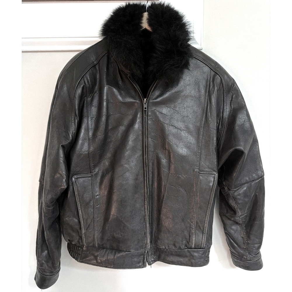 Vintage Leather Bomber Jacket Opossum Fur Lined Men's Large Black Aviator 2 in 1